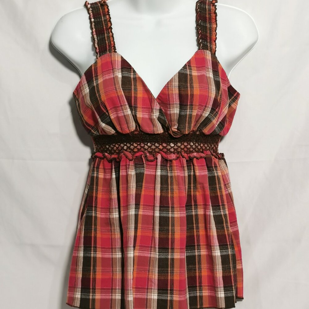 Plaid Babydoll Tank Top with Smocked Straps and Waistband Size M EUC #50